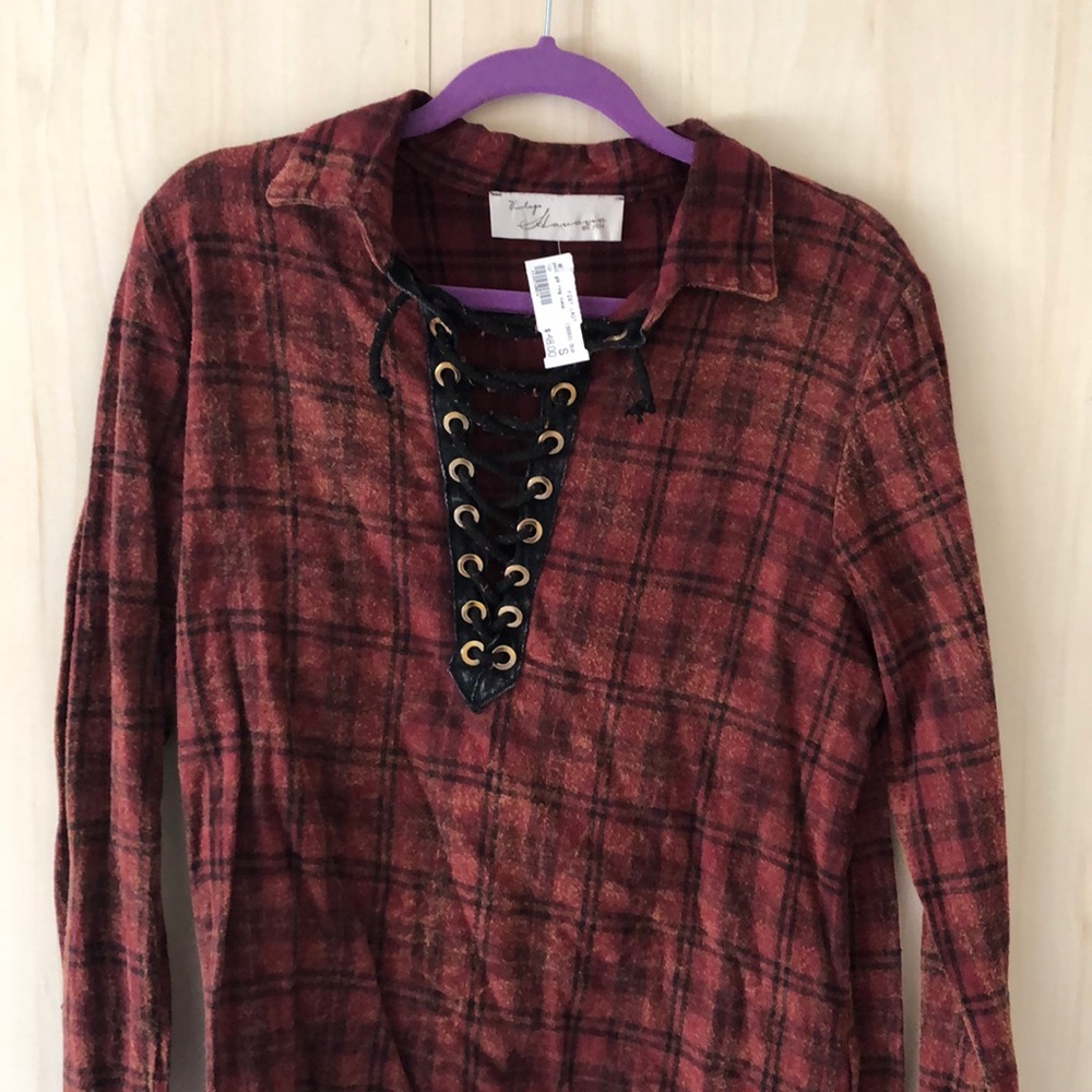 Long Sleeve Plaid Lace-Up Top